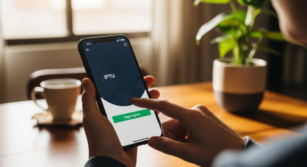 Pessoa utilizando aplicativo no celular com a opção “IPTU” e botão verde “Pagar agora”, em ambiente com mesa, xícara e planta ao fundo.