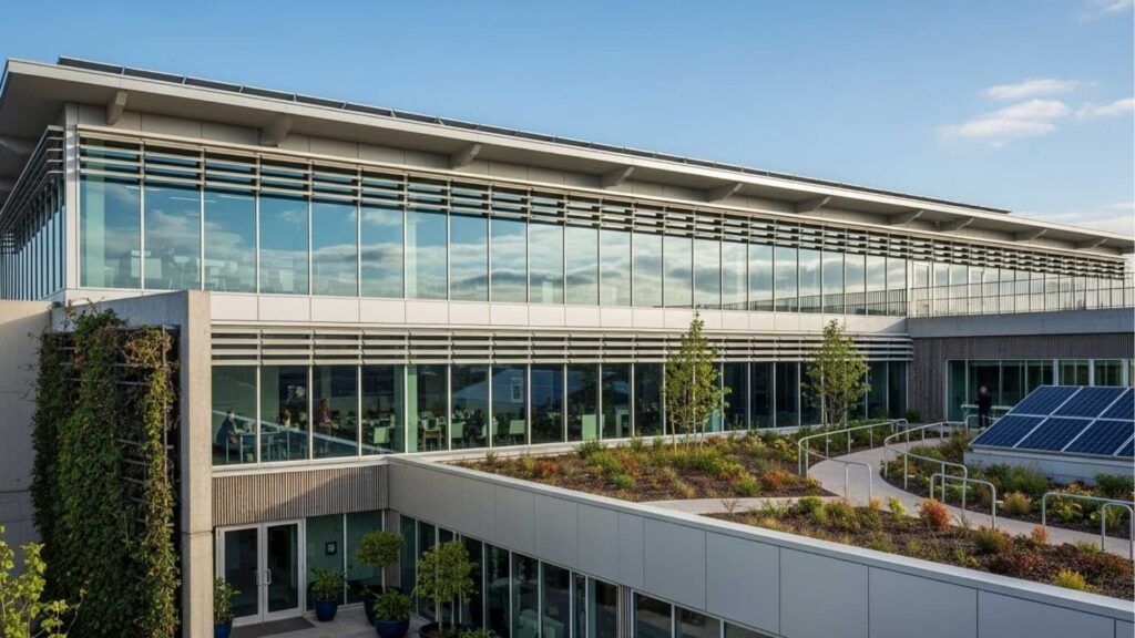 Edifício corporativo com fachada de vidro, jardim no terraço com painéis solares e vegetação organizada, além de áreas de convivência e acesso com plantas.