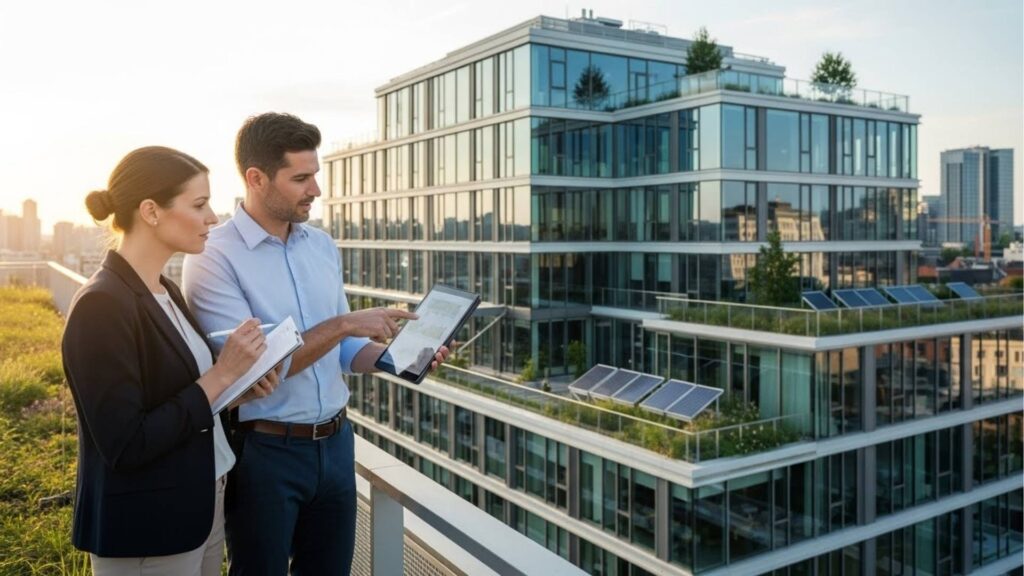 Duas pessoas em um terraço com vegetação, analisando dados em um tablet com prédio moderno ao fundo, que possui painéis solares e cobertura ajardinada.