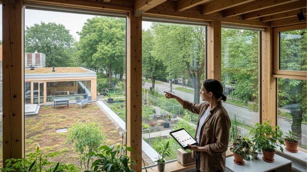 Pessoa segurando um tablet e apontando pela janela de uma sala com estrutura de madeira e várias plantas, com vista para um telhado verde e horta ao ar livre cercada por árvores.