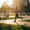 Homem correndo ao entardecer em parque com gramado, árvores jovens e bancos de concreto, cercado por prédios altos.