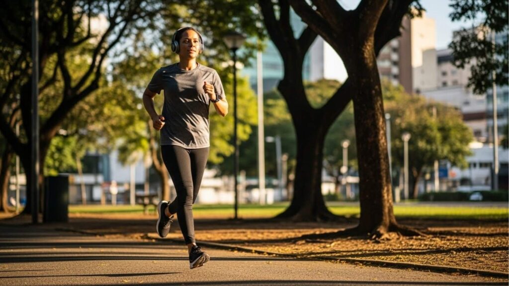 Mulher correndo em parque urbano com árvores ao redor e prédios ao fundo, usando fones de ouvido e roupa esportiva escura.