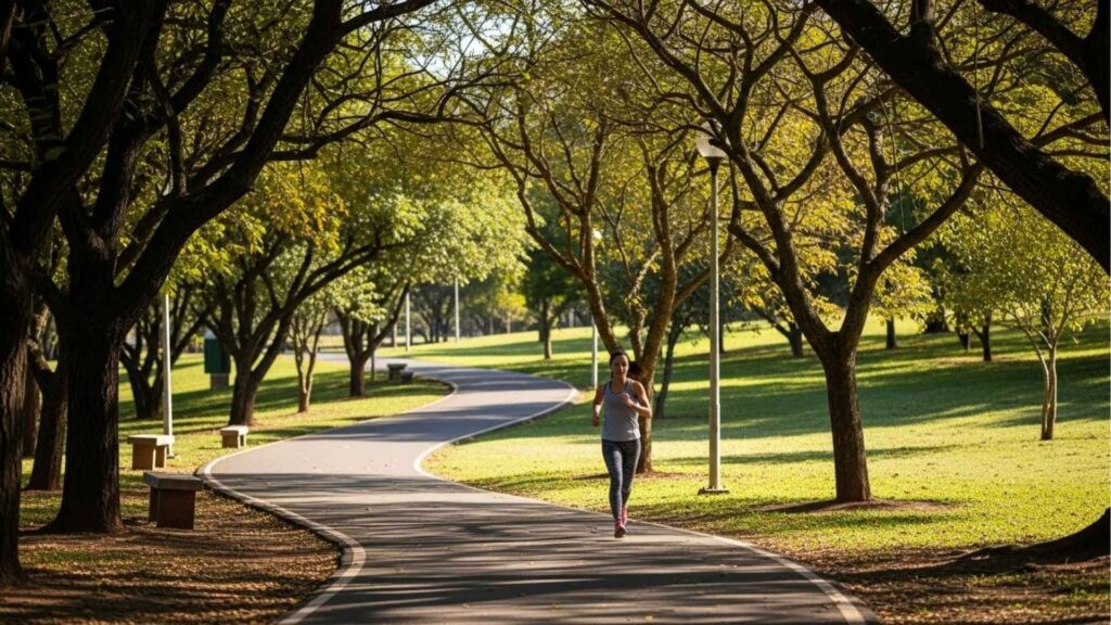 Mulher correndo sozinha em pista asfaltada dentro de parque arborizado, com árvores formando um túnel natural.