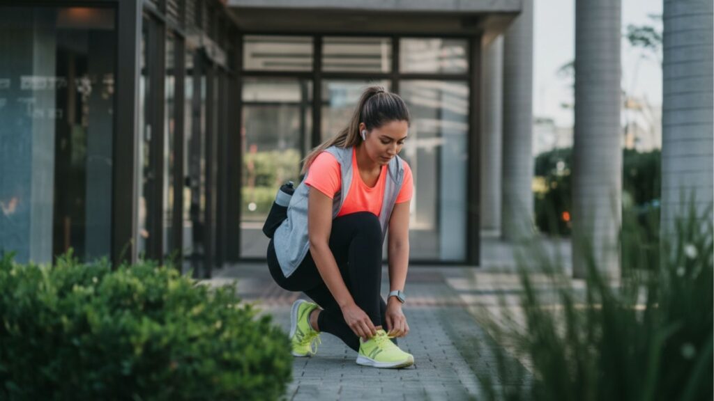 Mulher agachada amarrando o tênis esportivo em área externa com vegetação e prédios ao fundo, vestindo roupas de treino e fones de ouvido.