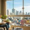 Homem sentado em sofá olhando pela janela ampla com vista para prédios da cidade, ao lado de uma mesa com livro aberto e caneca; ambiente iluminado pelo sol e decorado com plantas.