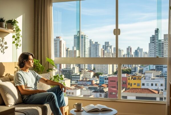 Homem sentado em sofá olhando pela janela ampla com vista para prédios da cidade, ao lado de uma mesa com livro aberto e caneca; ambiente iluminado pelo sol e decorado com plantas.