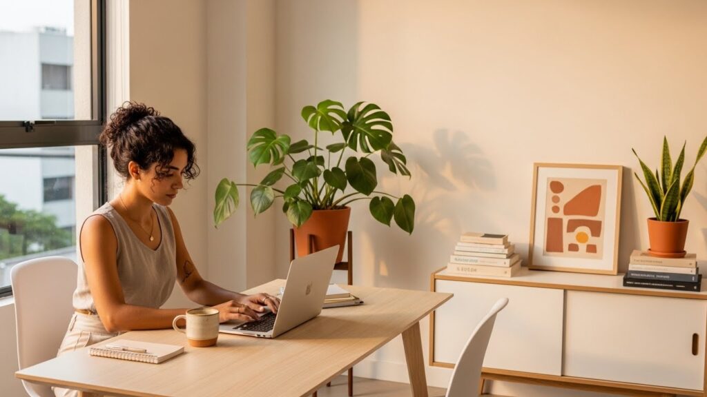 Mulher sentada à mesa trabalhando em um notebook perto da janela, com caderno, caneca e plantas decorativas ao redor; ao fundo, aparador com livros e quadro abstrato.