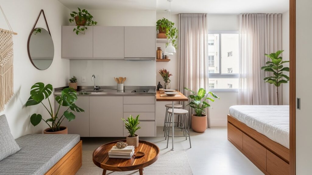 Studio compacto e bem iluminado com cozinha integrada, cama de casal, bancada com banquetas, diversas plantas e decoração minimalista com tons claros.