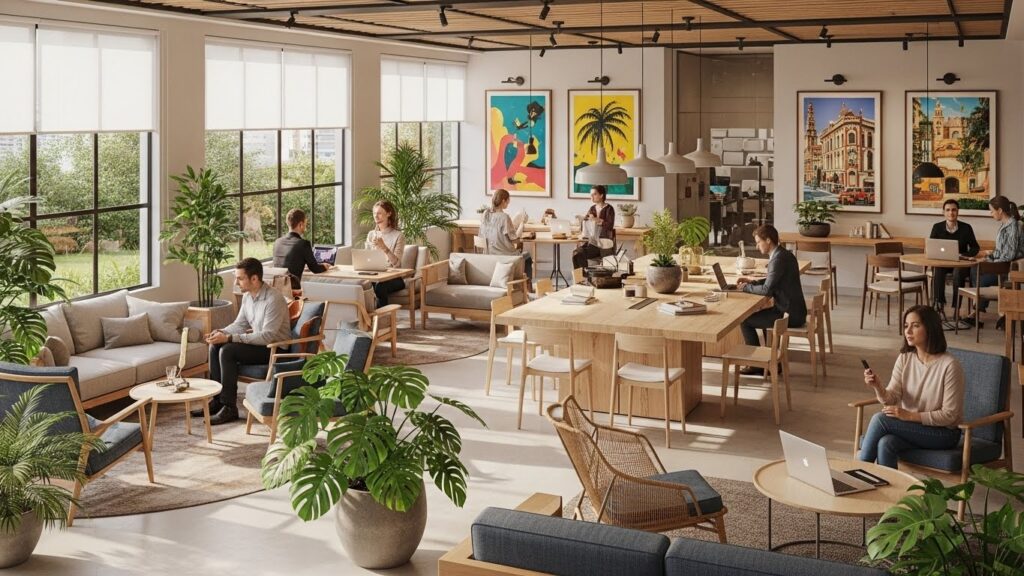Espaço de coworking com iluminação natural, móveis de madeira clara, várias plantas e pessoas trabalhando em notebooks ou conversando; ao fundo, quadros coloridos decoram a parede.