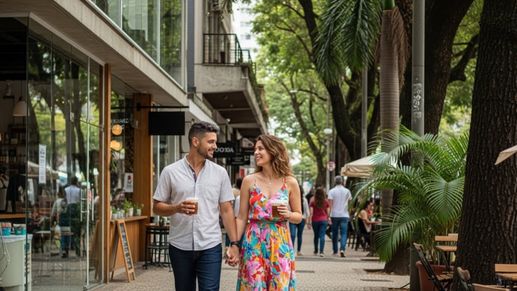 Casal caminhando de mãos dadas em calçada arborizada com lojas e cafés, ambos segurando copos de bebida e sorrindo um para o outro.