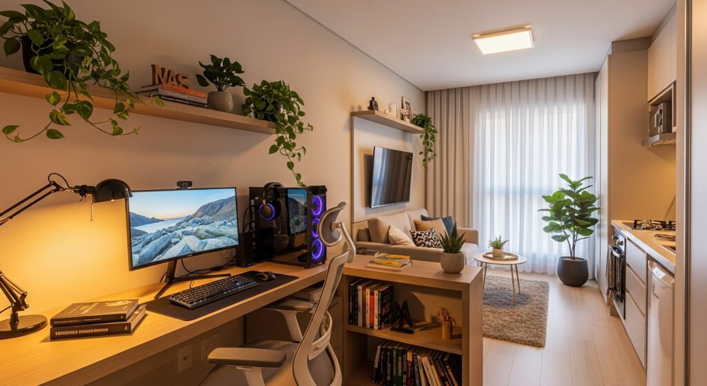 Design de interiores de um apartamento compacto e moderno, integrando home office, sala de estar e cozinha. Em destaque, uma mesa com computador e setup gamer à esquerda, sofá bege ao centro e cozinha planejada à direita.
