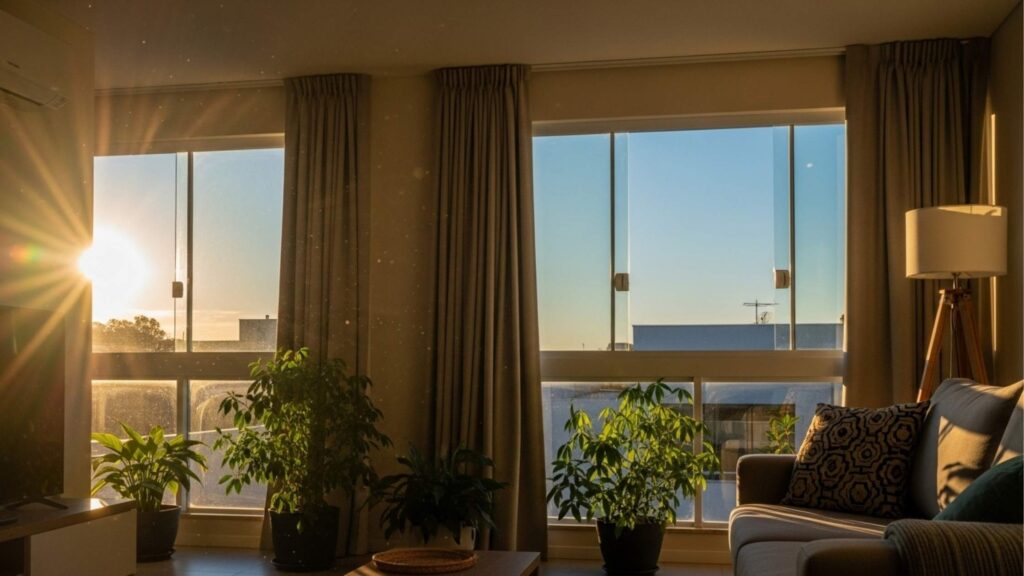 Interior de uma sala de estar moderna recebendo forte iluminação natural através de amplas janelas de vidro. O sol poente cria um efeito de luz dourada sobre as plantas em vasos e o sofá, exemplificando o conforto térmico de um ambiente com orientação solar Oeste.