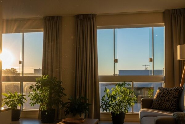 Interior de uma sala de estar moderna recebendo forte iluminação natural através de amplas janelas de vidro. O sol poente cria um efeito de luz dourada sobre as plantas em vasos e o sofá, exemplificando o conforto térmico de um ambiente com orientação solar Oeste.