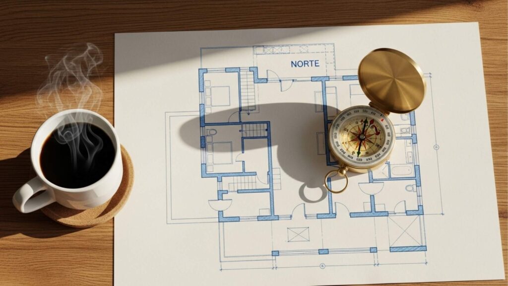 Vista superior de uma mesa de madeira contendo uma planta baixa de arquitetura com a indicação "NORTE". Uma bússola dourada repousa sobre o desenho ao lado de uma xícara de café fumegante, sugerindo o planejamento da posição solar do imóvel.
