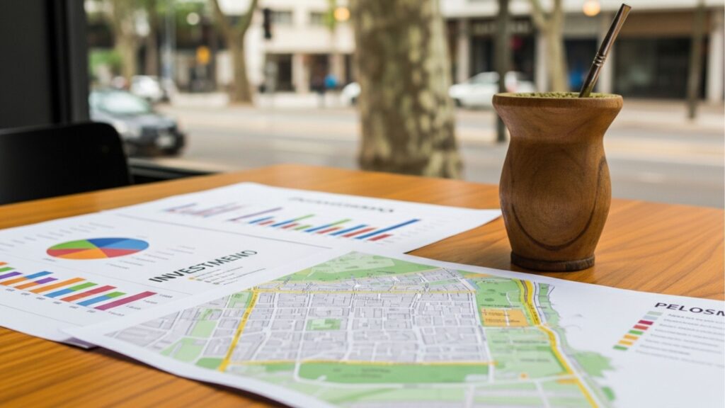 Planejamento de investimento imobiliário em Pelotas sobre mesa de madeira. Em destaque, um mapa da cidade, gráficos financeiros coloridos e um chimarrão tradicional gaúcho, simbolizando o mercado imobiliário local do Rio Grande do Sul.