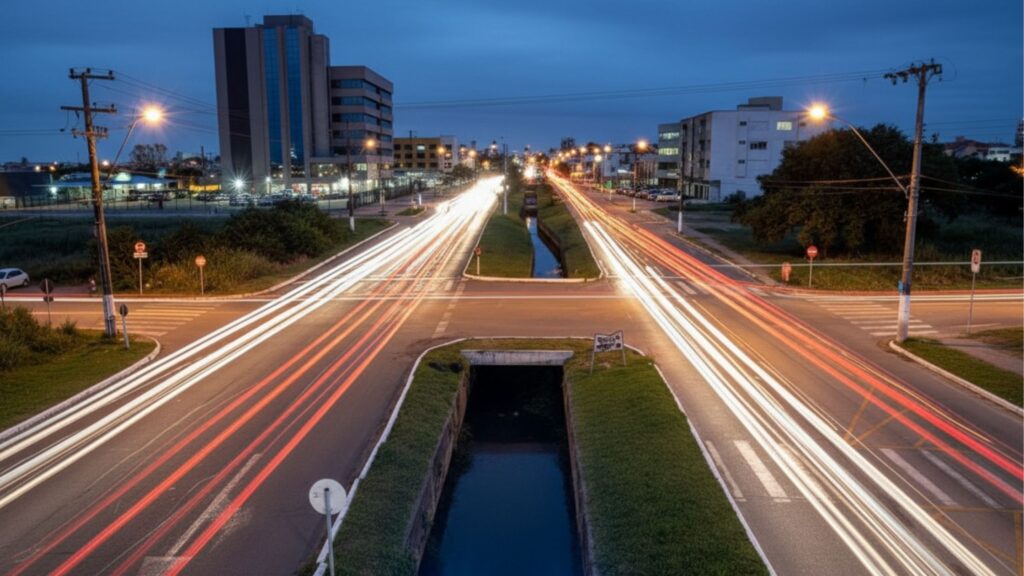 Vista aérea noturna da Avenida Ferreira Voana em Pelotas, Rio Grande do Sul. A imagem mostra o fluxo de veículos com rastros de luz (longa exposição), o canal central e edifícios comerciais iluminados ao fundo, destacando a infraestrutura urbana da cidade.