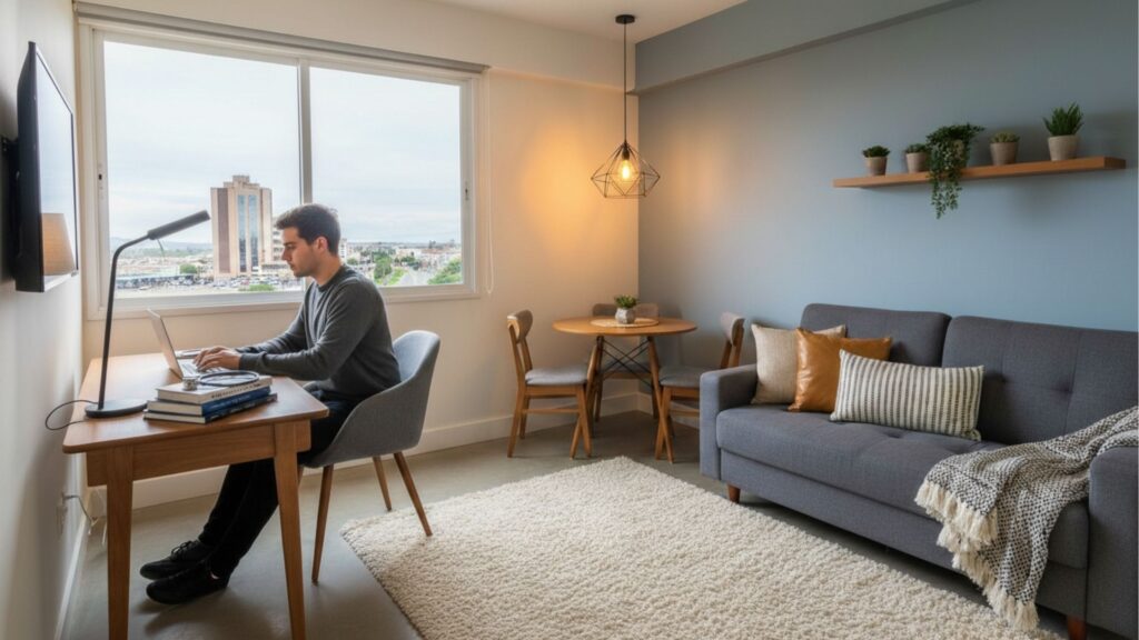 Apartamento compacto planejado em Pelotas com sala de estar integrada e home office. Um homem trabalha em um notebook em uma mesa de madeira próxima à janela com vista urbana. O ambiente inclui sofá cinza, tapete felpudo e decoração moderna.