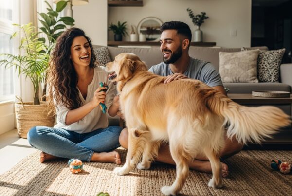 Casal jovem sentado no tapete da sala de estar de um apartamento, sorrindo enquanto brinca com um cachorro Golden Retriever. O ambiente é iluminado e espaçoso, ilustrando a convivência harmoniosa e feliz de cães de grande porte em espaços internos.
