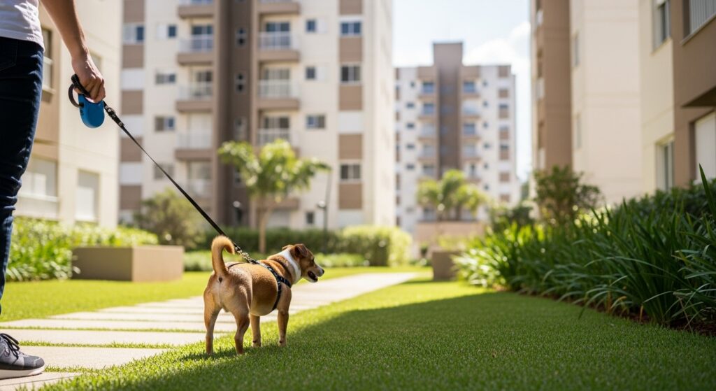 Pessoa passeando com um cachorro pequeno na coleira pela área comum ajardinada de um condomínio residencial moderno. Ao fundo, veem-se os edifícios do complexo, destacando a importância de espaços pet friendly e áreas de lazer para animais.