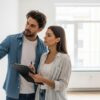 Casal jovem realizando a vistoria de um imóvel vazio antes da mudança. O homem aponta para um detalhe na parede branca, verificando a pintura e estrutura, enquanto a mulher anota as observações em uma prancheta de checklist.