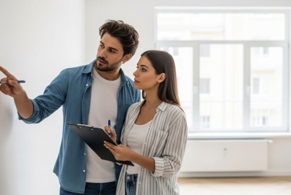 Casal jovem realizando a vistoria de um imóvel vazio antes da mudança. O homem aponta para um detalhe na parede branca, verificando a pintura e estrutura, enquanto a mulher anota as observações em uma prancheta de checklist.