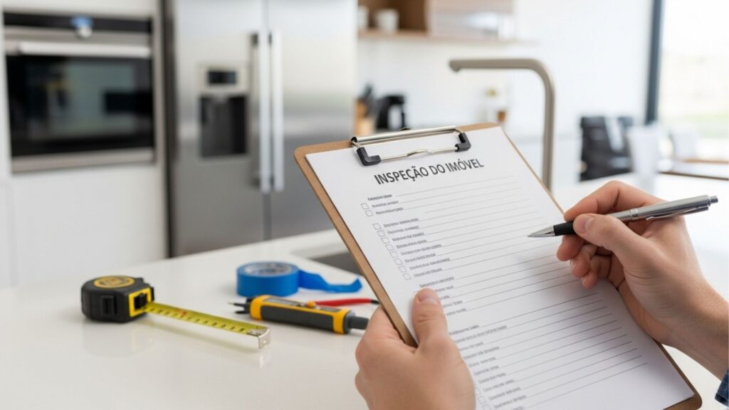 Close-up das mãos de um vistoriador preenchendo um formulário intitulado "INSPEÇÃO DO IMÓVEL". Ao fundo, sobre uma bancada de cozinha, estão ferramentas essenciais para a avaliação técnica, como uma trena amarela e um testador de voltagem.