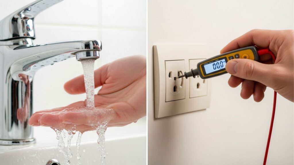 Montagem dividida demonstrando testes práticos de vistoria. À esquerda, uma mão verifica o fluxo e pressão da água de uma torneira cromada. À direita, um testador digital é inserido em uma tomada para verificar a voltagem e o funcionamento da rede elétrica.